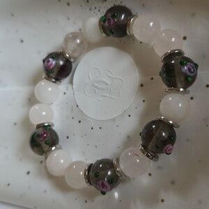 Elegant Floral Lapm Work And Rose Quartz Beaded Bracelet